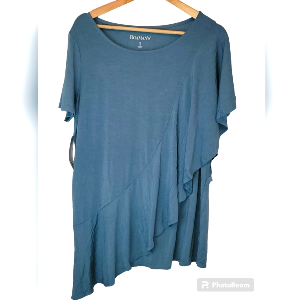 Women's Roaman's Blue Ruffled Short Sleeve Shirt Size 12